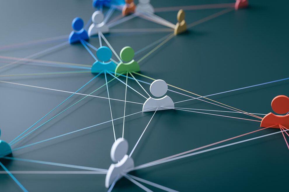 A concept that expresses the hyper-connected society of modern society by connecting people icons with lines, 3d rendering